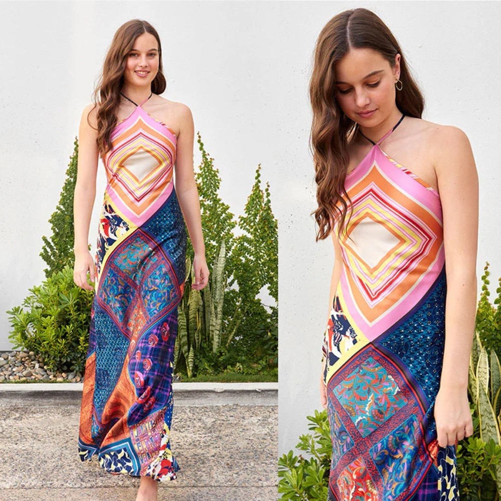 STAUD Cubism Patchwork Print Satin Maxi Dress